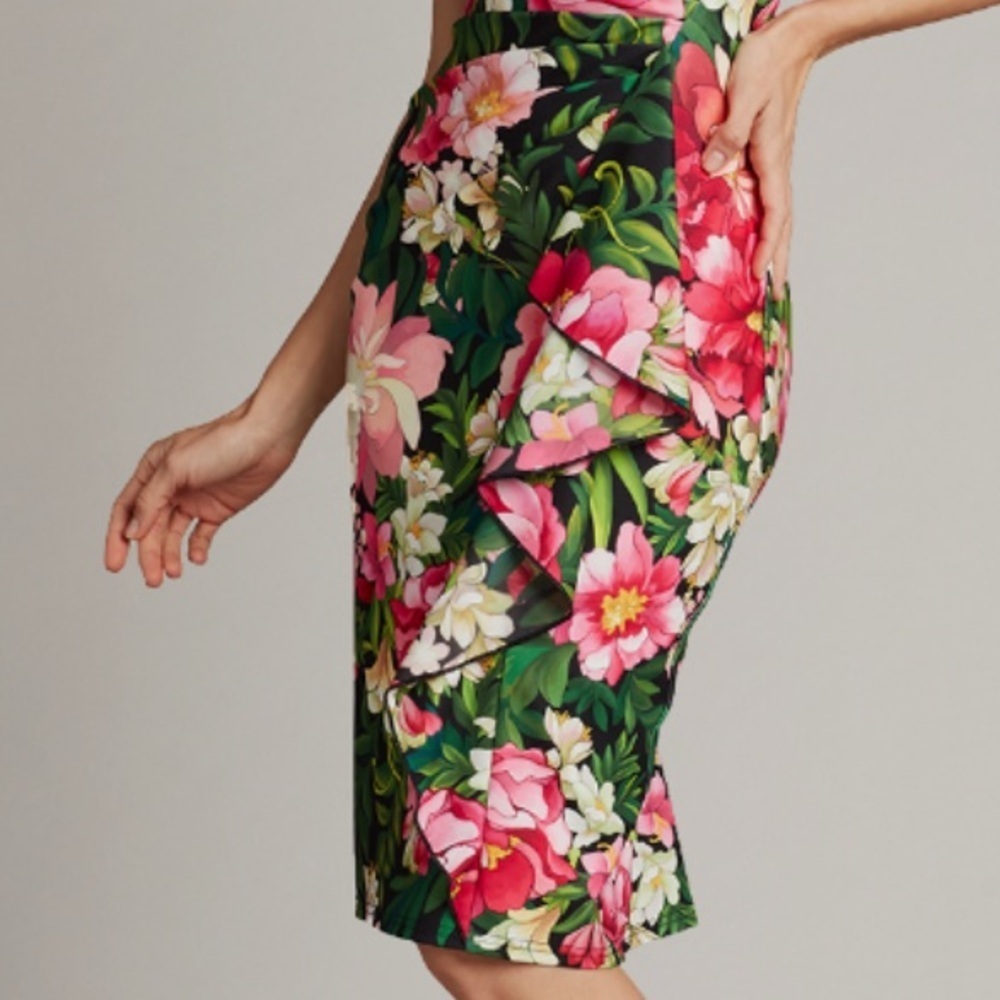 Tadashi Shoji ZORA FLORAL SHOULDER CUT-OUT DRESS SZ Medium Tropical Ruffle Sexy - Picture 7 of 16